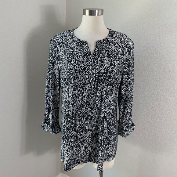 Cocomo Womens XL Animal Print Tunic Top Stretch Roll Tab Sleeve Blouse Shirt - Picture 1 of 11